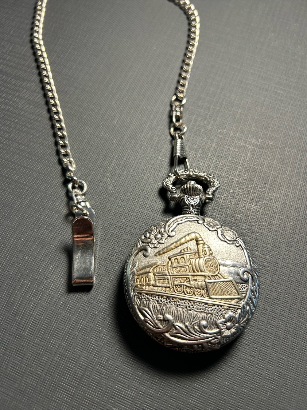 Vintage Silver and Gold Train Pocket Watch Pendant Necklace